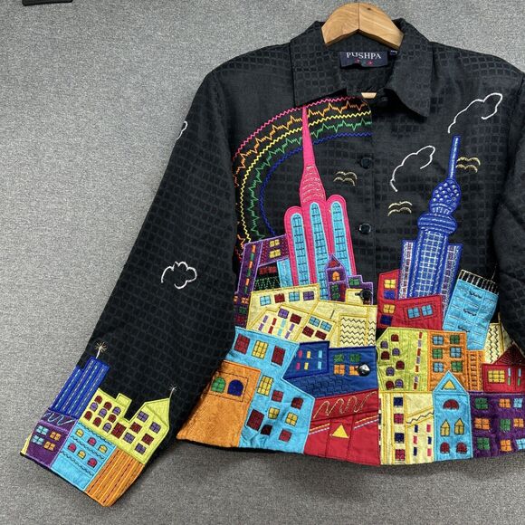 PUSHPA Vintage Blazer Women's Medium Colorful Sky Scraper Buildings Rainbow 90s - Picture 3 of 15